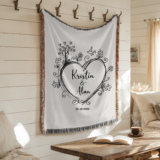 Personalized cotton woven wedding anniversary blanket with names and date