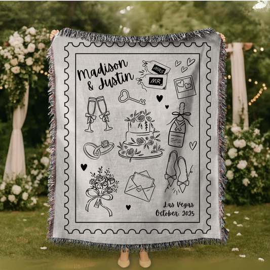 Personalized Wedding Blanket, Hand Drawn Wedding Blanket Gift