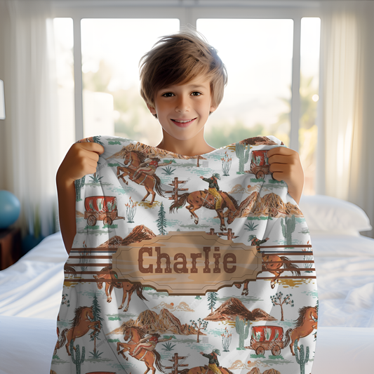 Personalized Western Name Blanket – Cowboy Horses & Wagons