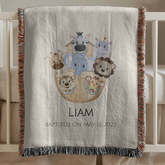 Personalized Noahs Ark Baptism Blanket, Christening Gift With Name And Date