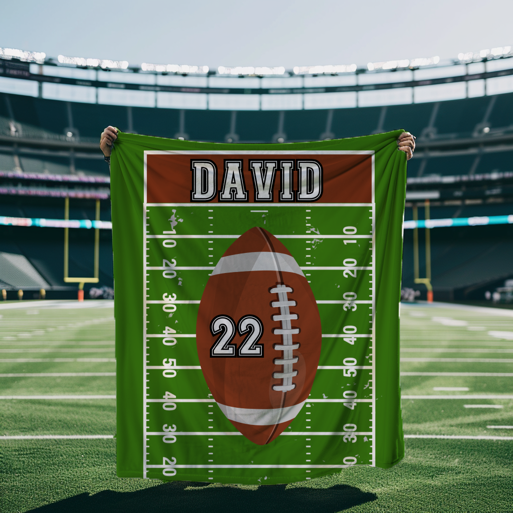 customizable fleece sherpa blanket with a football design with player name and jersey number 