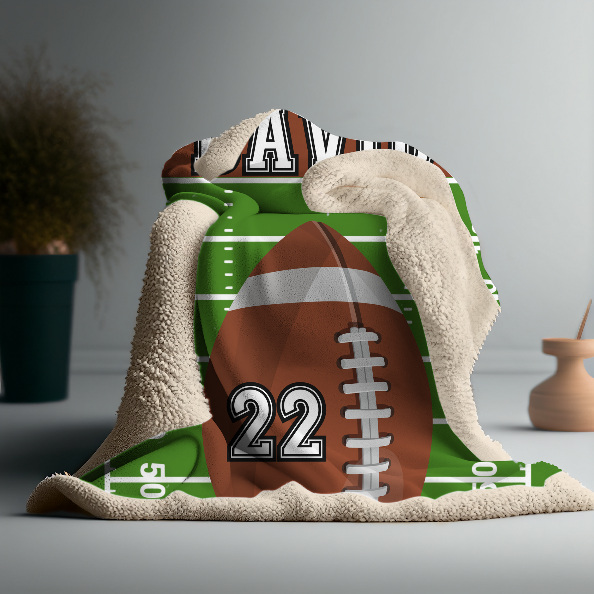 Sherpa Blanket with a football design customizable with player name and jersey number 