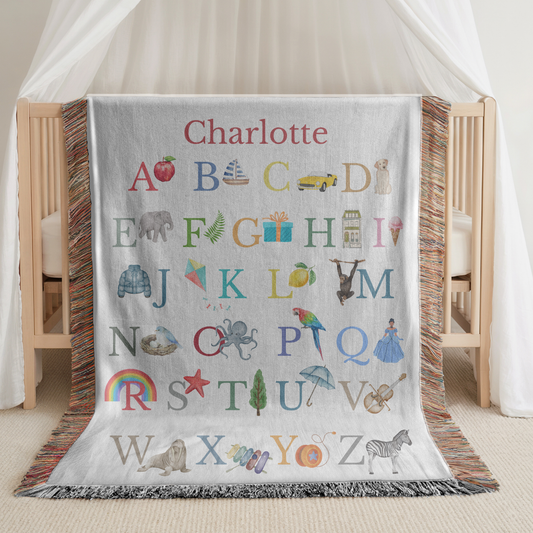 Personalized Educational ABC Baby Blanket: Woven Cotton Nursery Throw