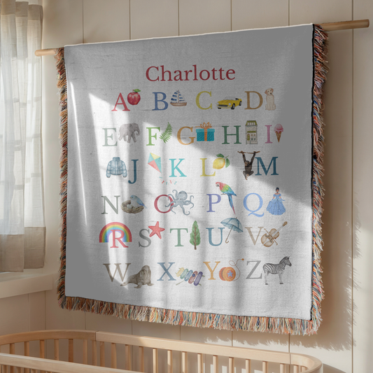 Personalized Educational ABC Baby Blanket: Woven Cotton Nursery Throw