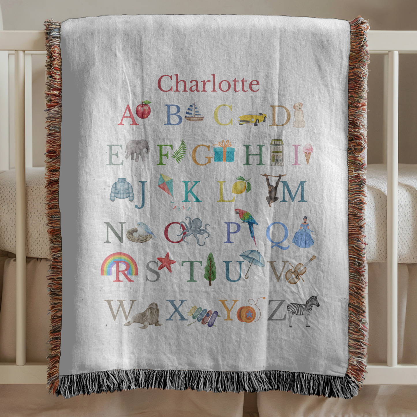 Personalized Educational ABC Baby Blanket: Woven Cotton Nursery Throw