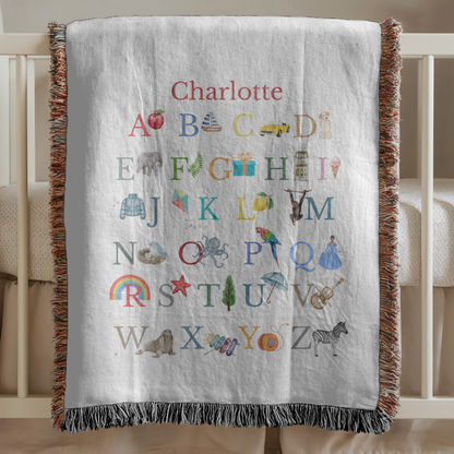 Personalized Educational ABC Baby Blanket: Woven Cotton Nursery Throw