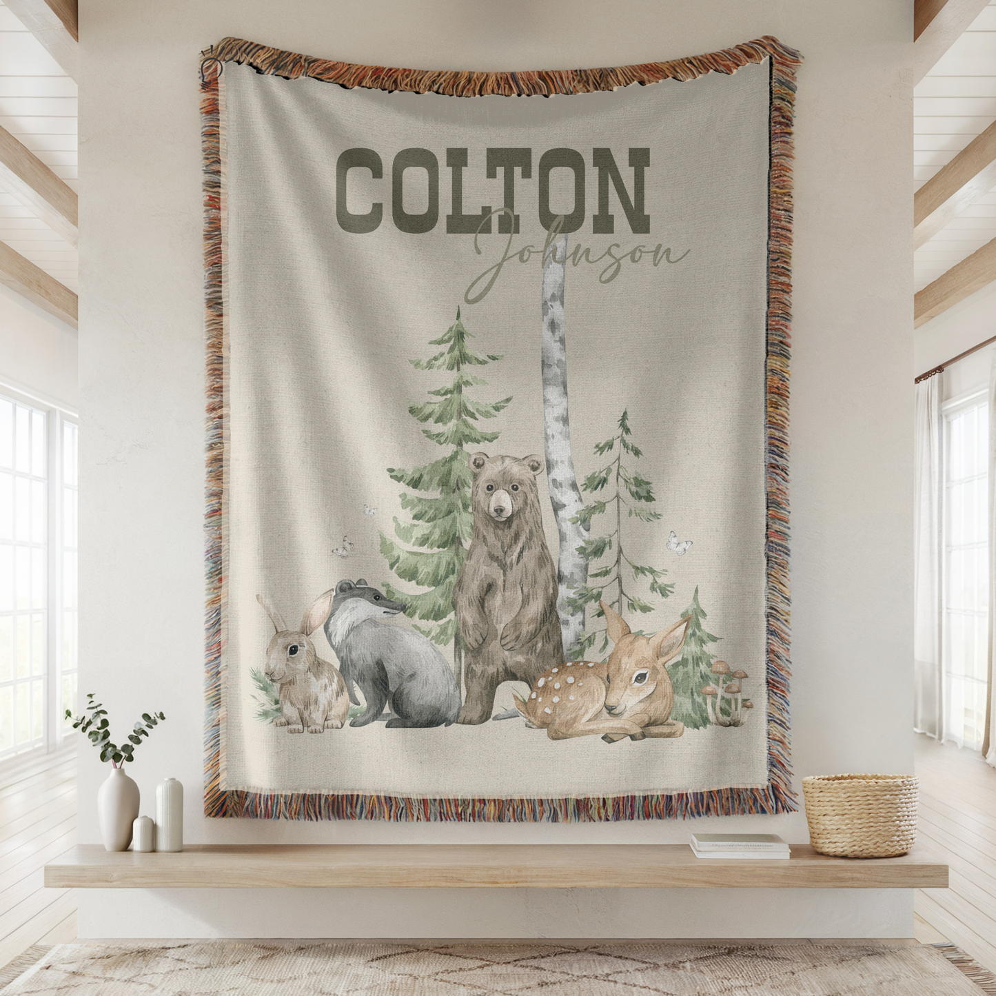 Personalized Woodland Baby Blanket: Cotton Woven Forest Animals Name Blanket