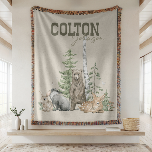 Personalized Woodland Baby Blanket: Cotton Woven Forest Animals Name Blanket