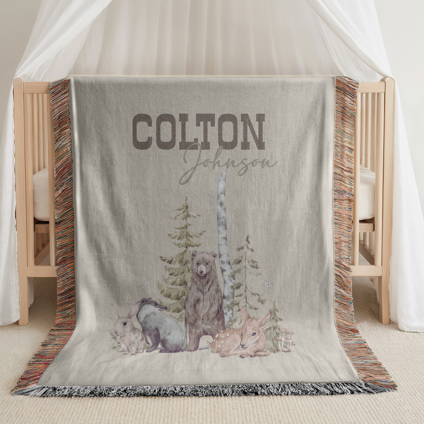 Personalized Woodland Baby Blanket: Cotton Woven Forest Animals Name Blanket