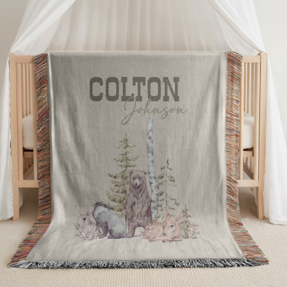 Personalized Woodland Baby Blanket: Cotton Woven Forest Animals Name Blanket