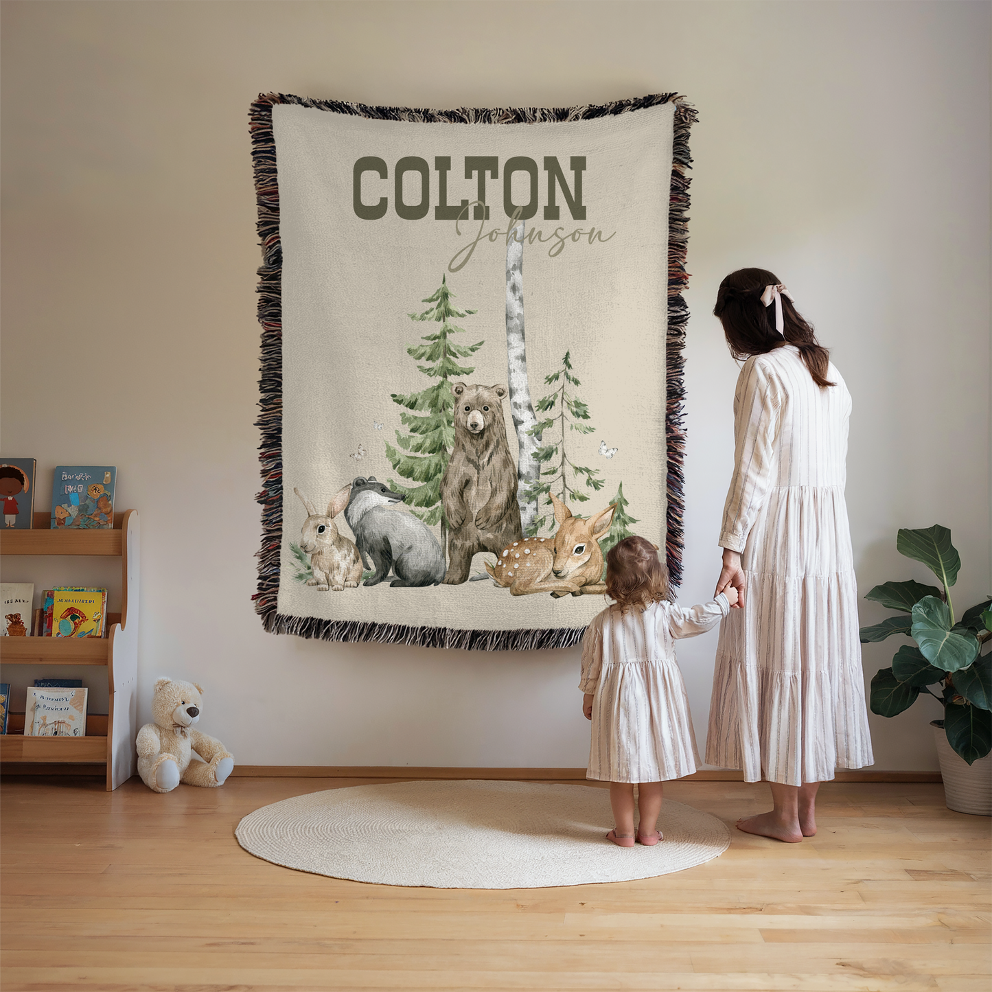 Personalized Woodland Baby Blanket: Cotton Woven Forest Animals Name Blanket