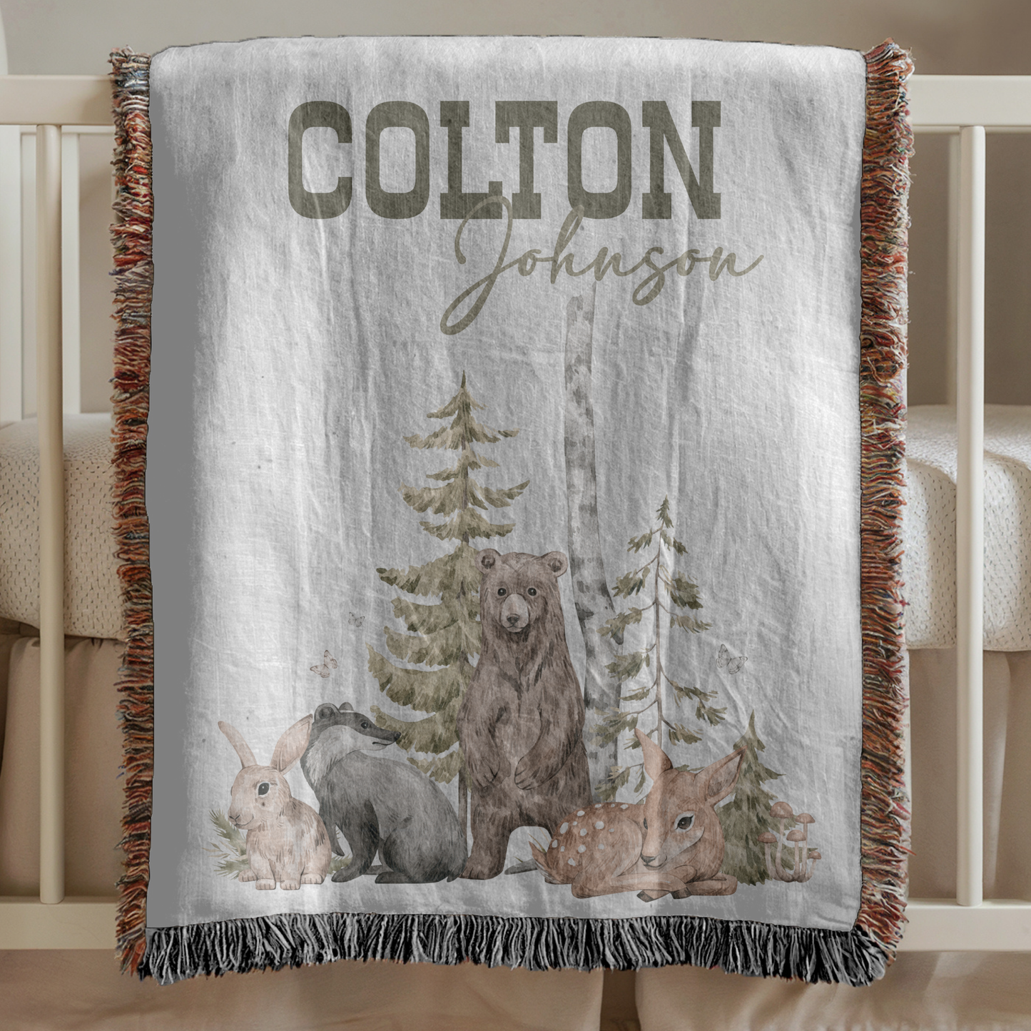 Personalized Woodland Baby Blanket: Cotton Woven Forest Animals Name Blanket