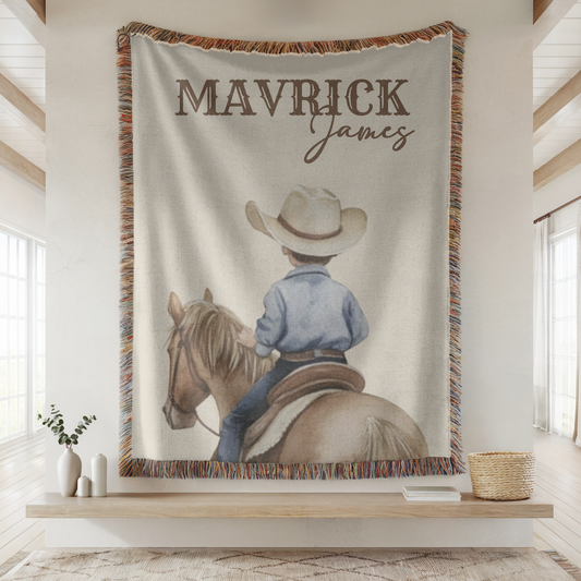 Personalized Western Cowboy Baby Name Blanket, Custom Name Cotton Woven Baby Blanket