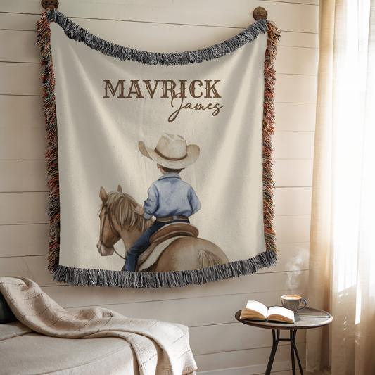 Personalized Western Cowboy Baby Name Blanket, Custom Name Cotton Woven Baby Blanket