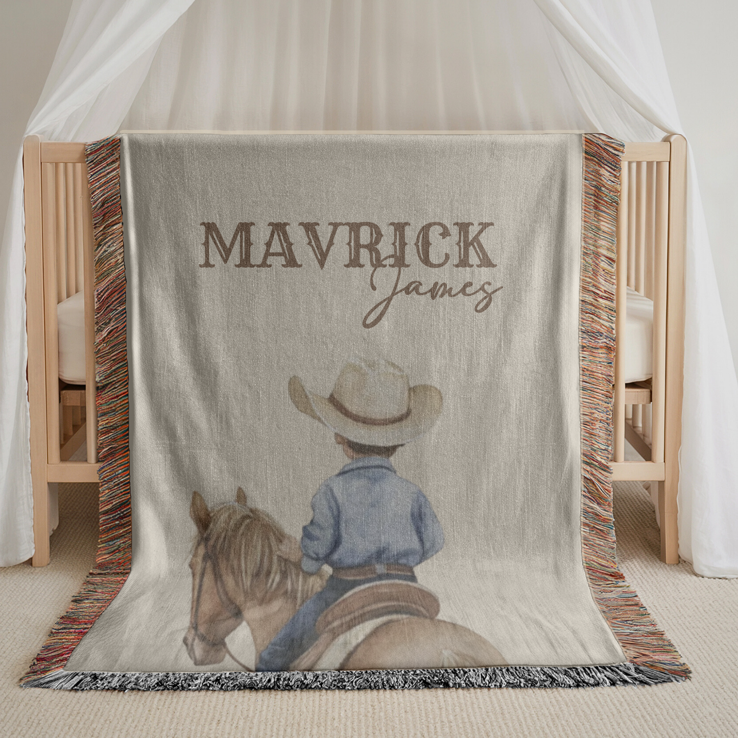 Personalized Western Cowboy Baby Name Blanket, Custom Name Cotton Woven Baby Blanket