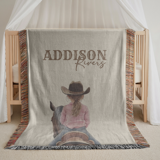 Personalized Western Cowgirl Baby Name Blanket, Custom Name Cotton Woven Baby Blanket