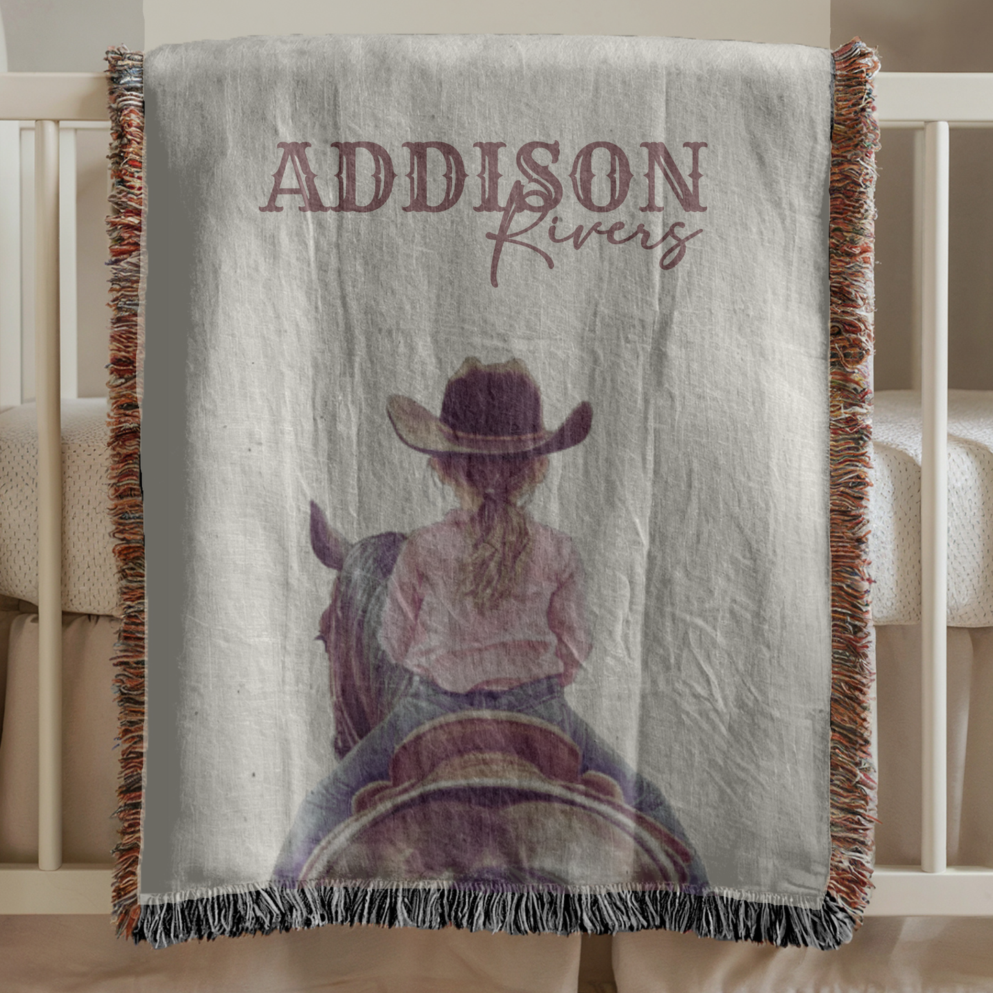 Personalized Western Cowgirl Baby Name Blanket, Custom Name Cotton Woven Baby Blanket