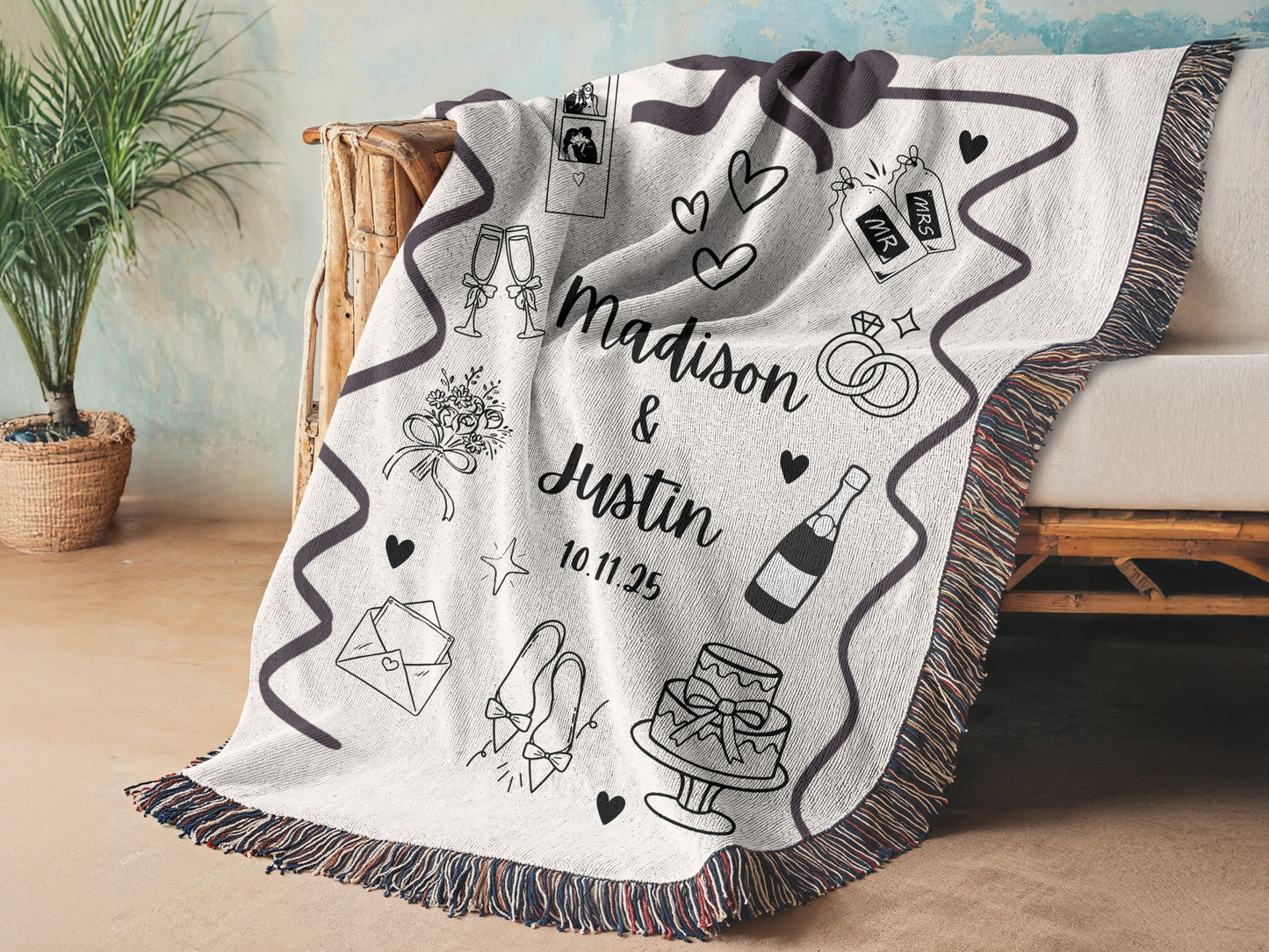 Custom Wedding Blanket, Personalized Wedding gift, Hand Drawn Wedding Blanket