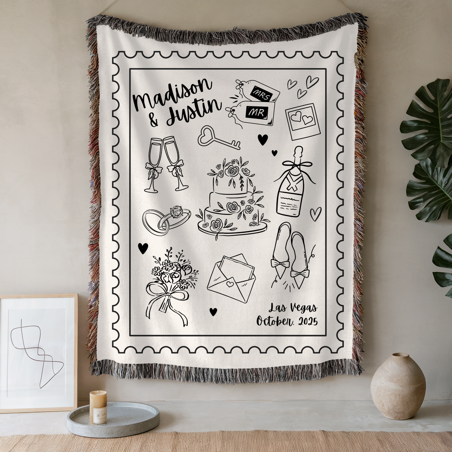Personalized Wedding Blanket, Hand Drawn Wedding Blanket Gift