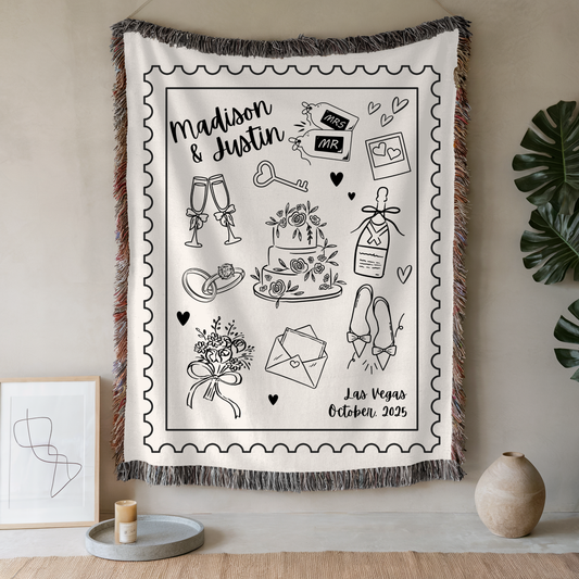 Personalized Wedding Blanket, Hand Drawn Wedding Blanket Gift