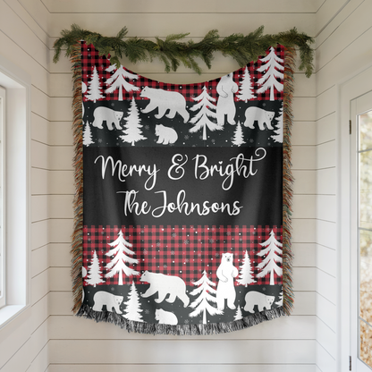 Personalized Merry & Bright Christmas Woven Blanket – Custom Family Name Holiday Throw