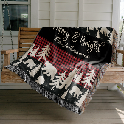 Personalized Merry & Bright Christmas Woven Blanket – Custom Family Name Holiday Throw