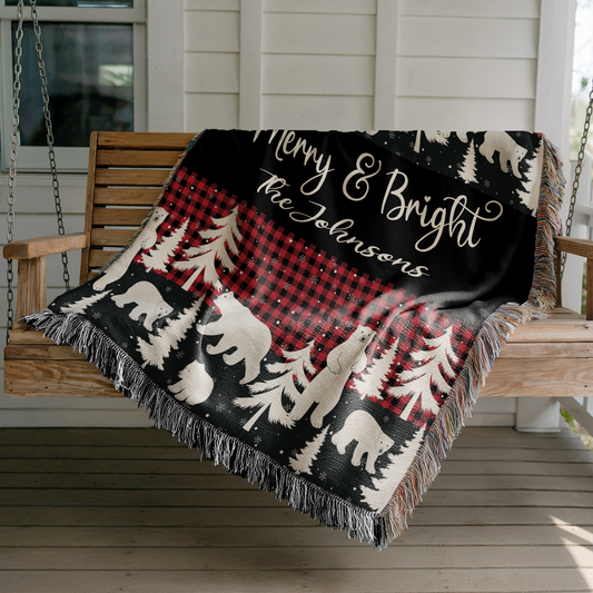 Personalized Merry & Bright Christmas Woven Blanket – Custom Family Name Holiday Throw