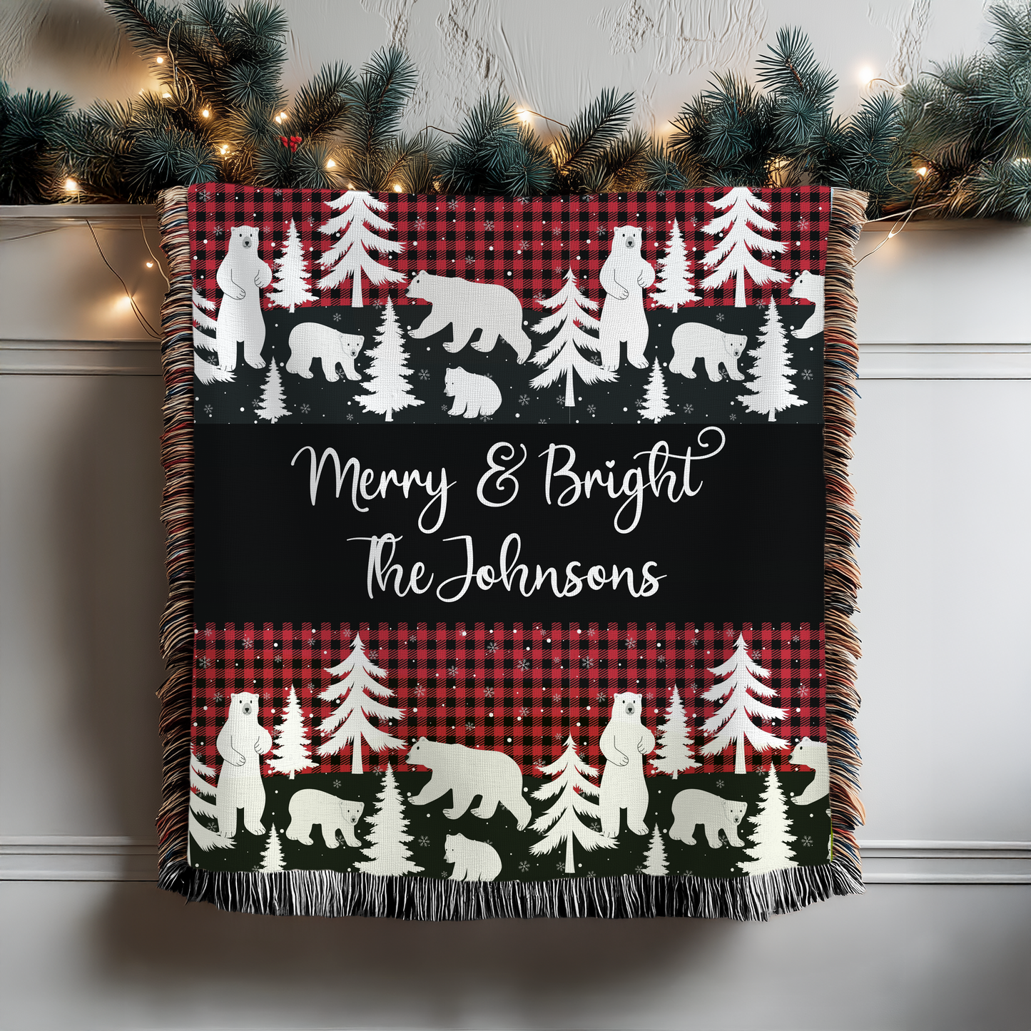 Personalized Merry & Bright Christmas Woven Blanket – Custom Family Name Holiday Throw