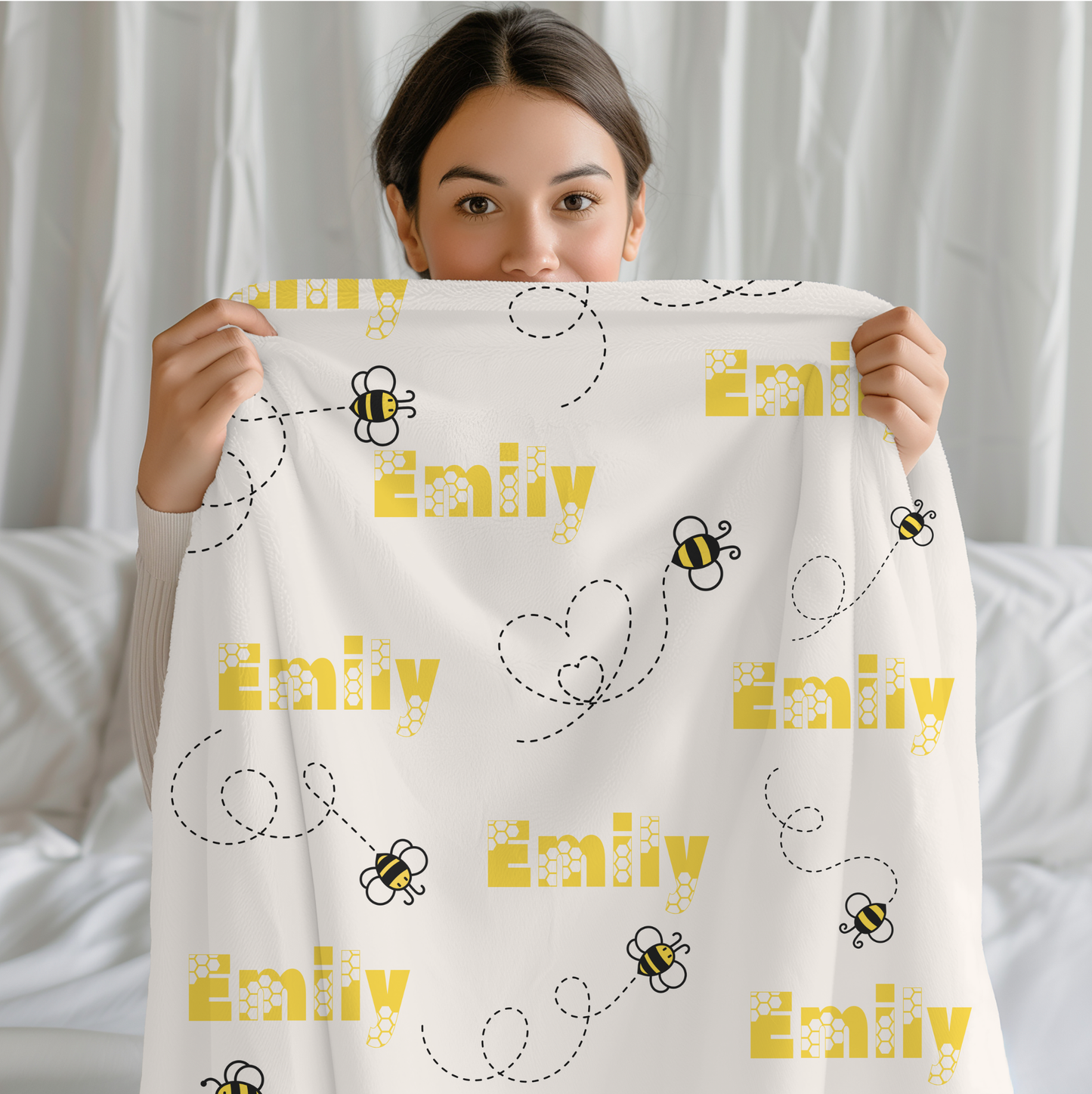 Personalized Bee Name Blanket – Custom Plush Bumble Bee Blanket for Kids, Baby, or Nursery Gift