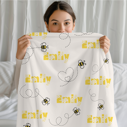 Personalized Bee Name Blanket – Custom Plush Bumble Bee Blanket for Kids, Baby, or Nursery Gift