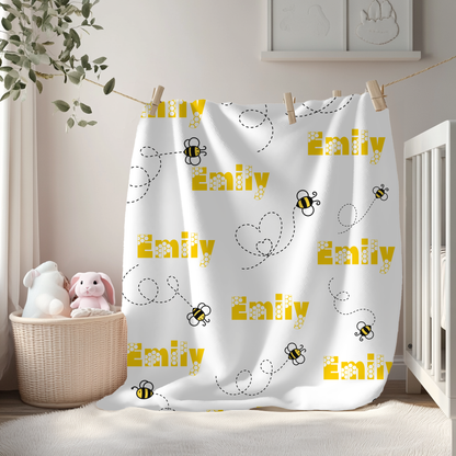 Personalized Bee Name Blanket – Custom Plush Bumble Bee Blanket for Kids, Baby, or Nursery Gift