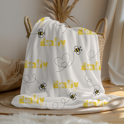 Personalized Bee Name Blanket – Custom Plush Bumble Bee Blanket for Kids, Baby, or Nursery Gift