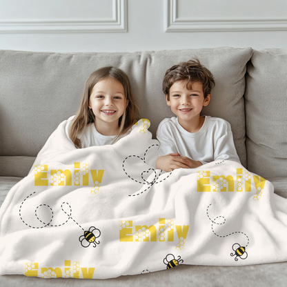 Personalized Bee Name Blanket – Custom Plush Bumble Bee Blanket for Kids, Baby, or Nursery Gift