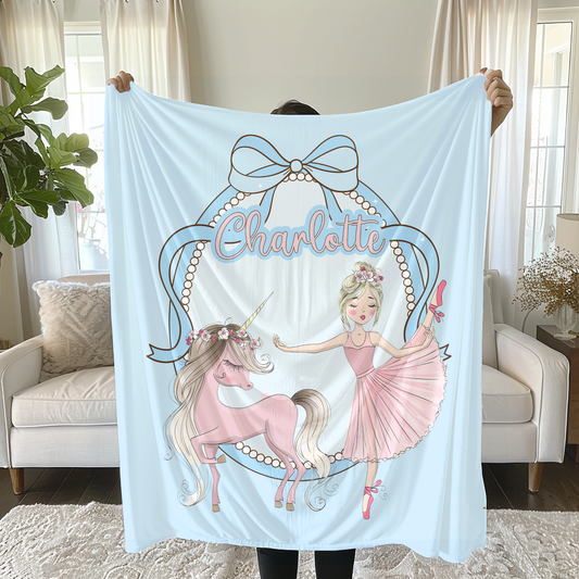 Personalized Ballerina & Unicorn Name Blanket – Custom Princess Blanket for Girls and Kids