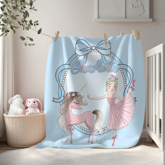Personalized Ballerina & Unicorn Name Blanket – Custom Princess Blanket for Girls and Kids