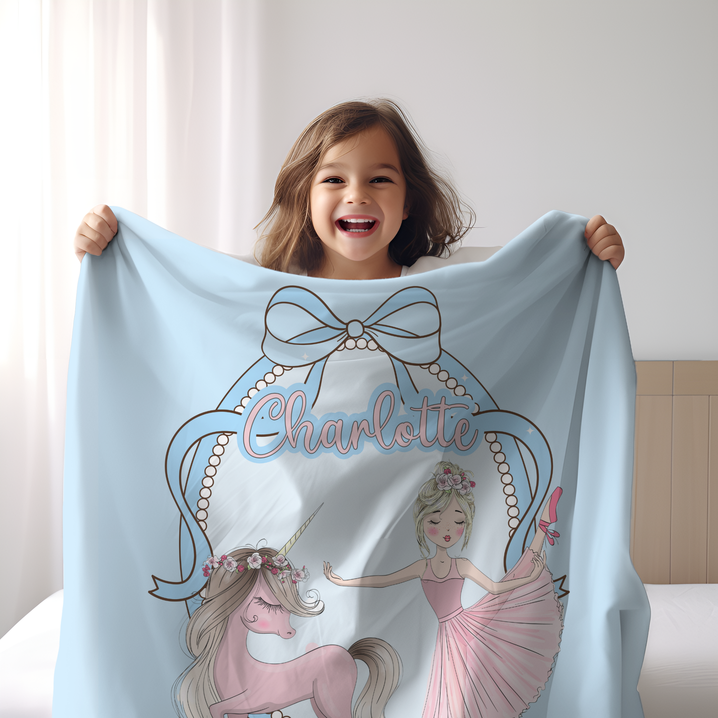 Personalized Ballerina & Unicorn Name Blanket – Custom Princess Blanket for Girls and Kids