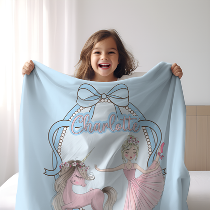 Personalized Ballerina & Unicorn Name Blanket – Custom Princess Blanket for Girls and Kids