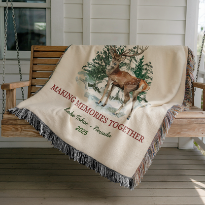 Personalized Family Christmas Woven Blanket – Rustic Buck & Forest Woven Throw