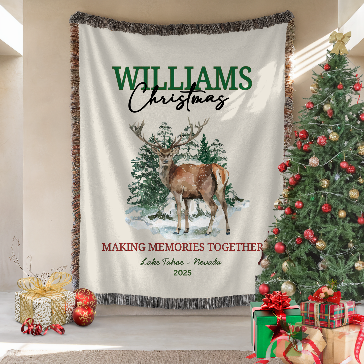 Personalized Family Christmas Woven Blanket – Rustic Buck & Forest Woven Throw