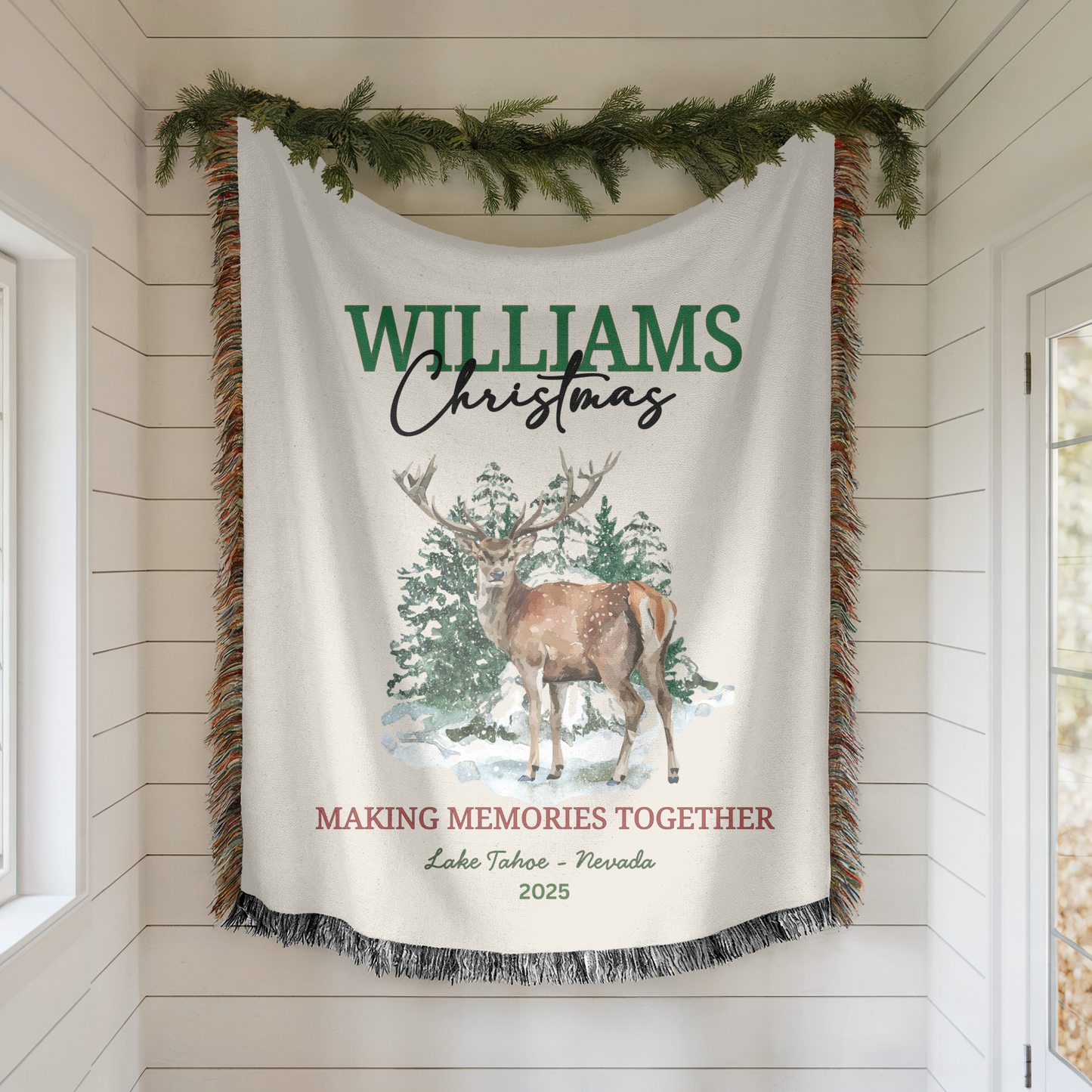 Personalized Family Christmas Woven Blanket – Rustic Buck & Forest Woven Throw
