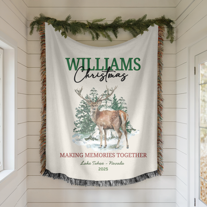 Personalized Family Christmas Woven Blanket – Rustic Buck & Forest Woven Throw