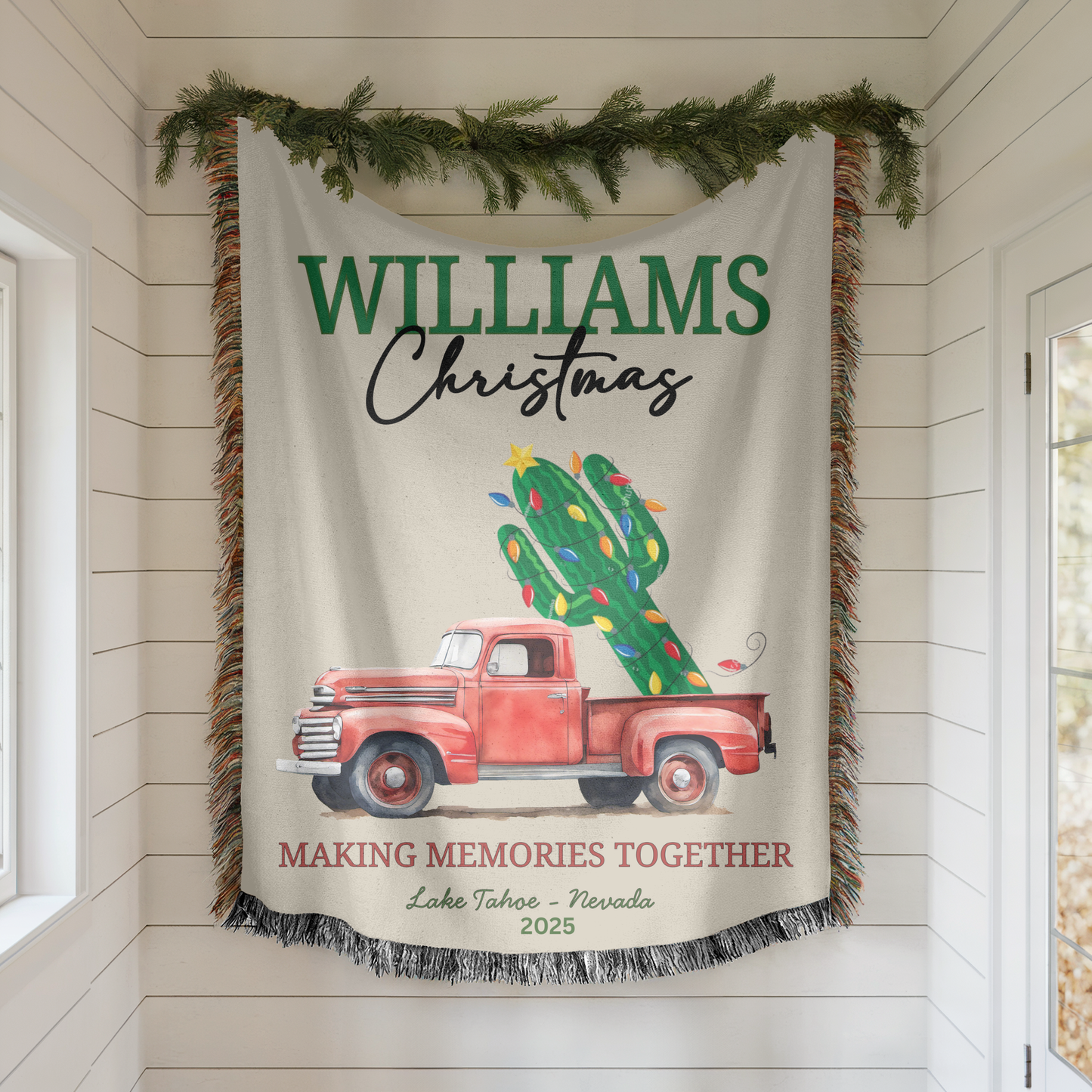 Personalized Southwestern Christmas Blanket – Red Truck & Cactus Cotton Woven Holiday Throw