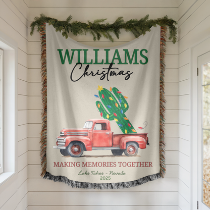 Personalized Southwestern Christmas Blanket – Red Truck & Cactus Cotton Woven Holiday Throw
