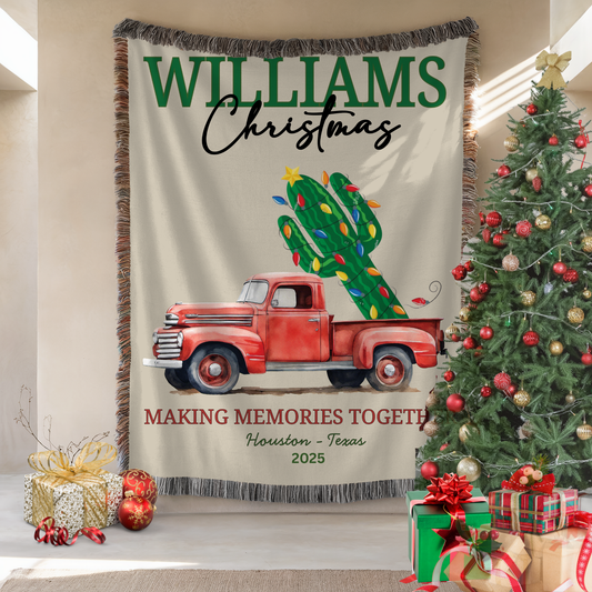 Personalized Southwestern Christmas Blanket – Red Truck & Cactus Cotton Woven Holiday Throw