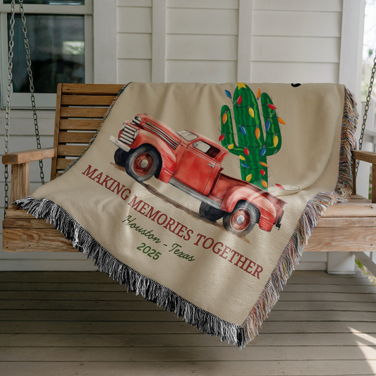 Personalized Southwestern Christmas Blanket – Red Truck & Cactus Cotton Woven Holiday Throw