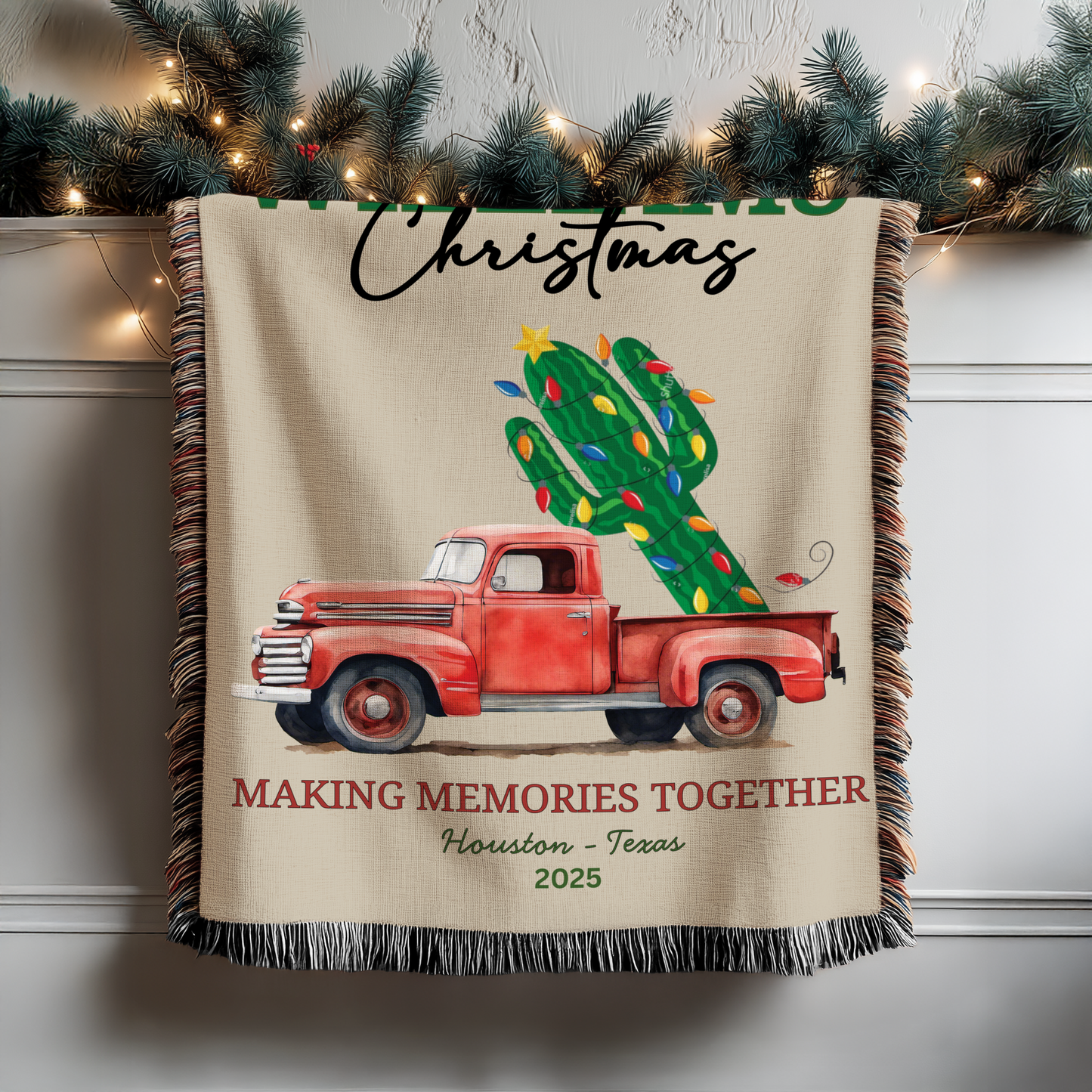 Personalized Southwestern Christmas Blanket – Red Truck & Cactus Cotton Woven Holiday Throw