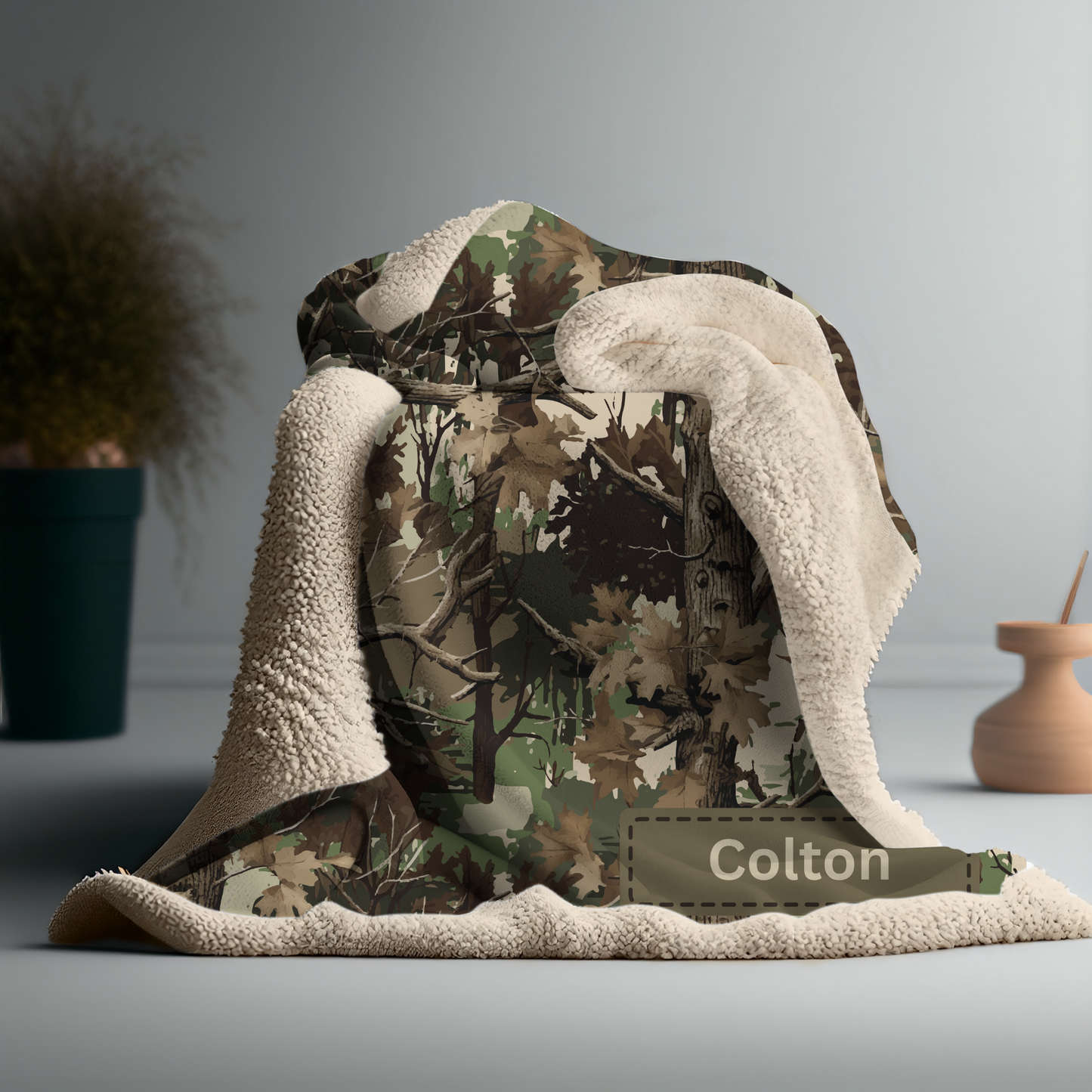 Camouflage jacket with sherpa lining on a neutral background, featuring custom name