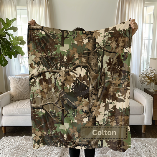 Camouflage-patterned blanket with a custom name