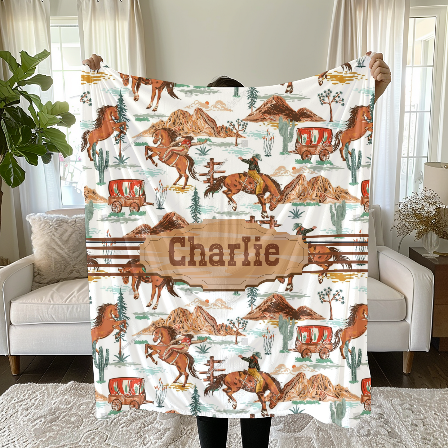 Personalized Western Name Blanket – Cowboy Horses & Wagons