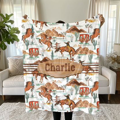Personalized Western Name Blanket – Cowboy Horses & Wagons